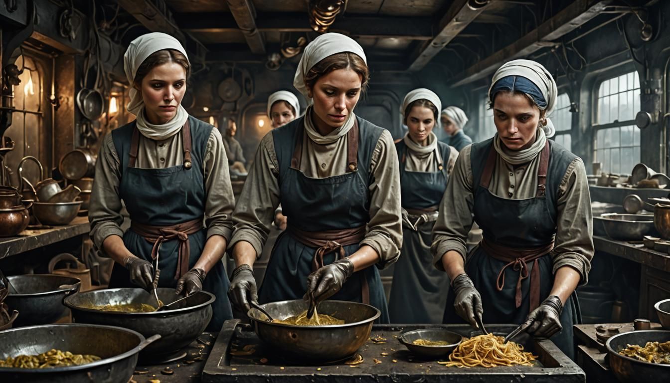 Scullerymaids Toil in Ancient Starship Galley