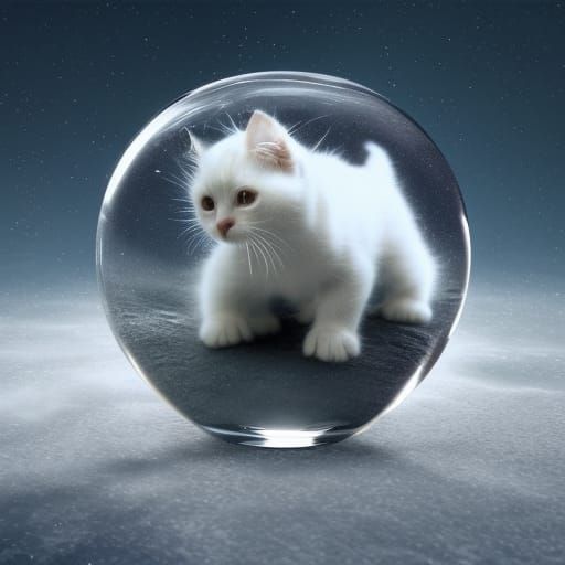 White Kitten in Crystal Sphere: Hyperrealistic Digital Art
