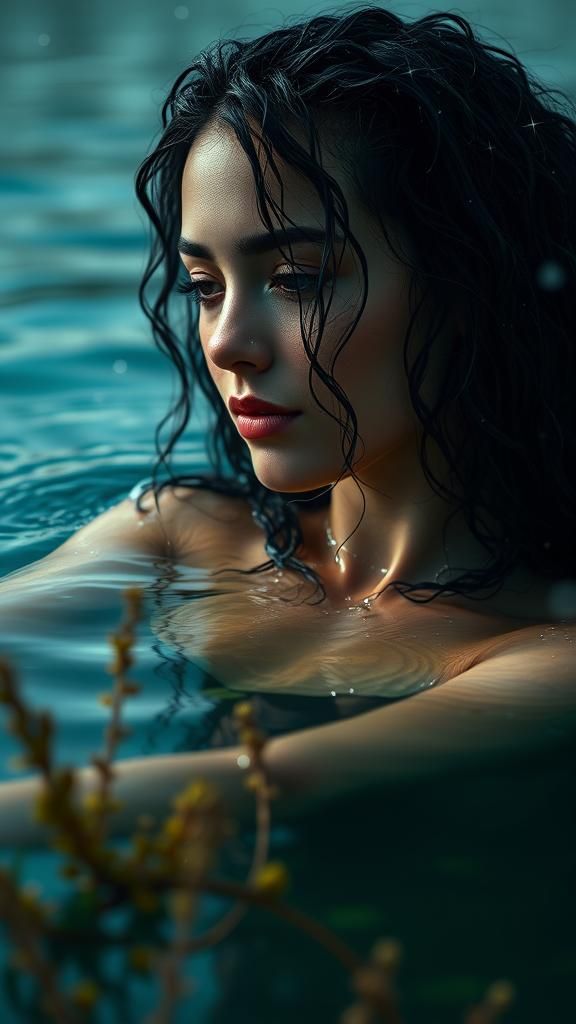 Woman Bathing in Lake Under Stars: Digital Artwork