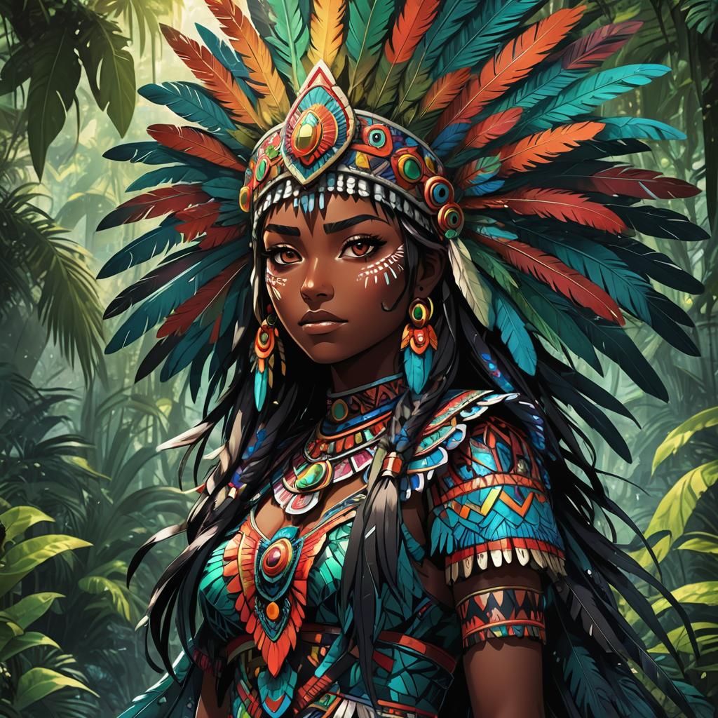 Aztec Anime Girl in Mystical Jungle: Manga Art