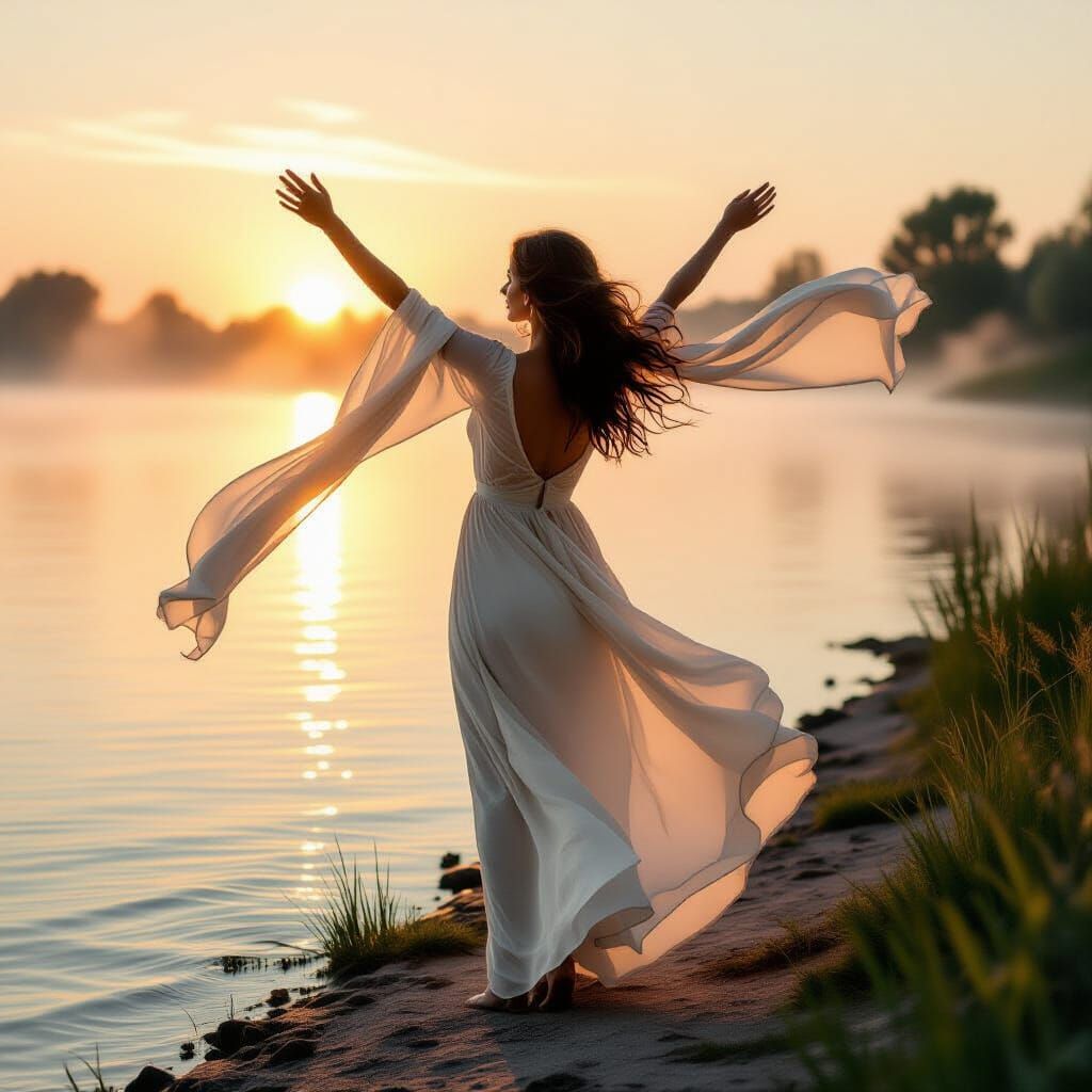 Woman Dancing by Misty Lake at Sunrise