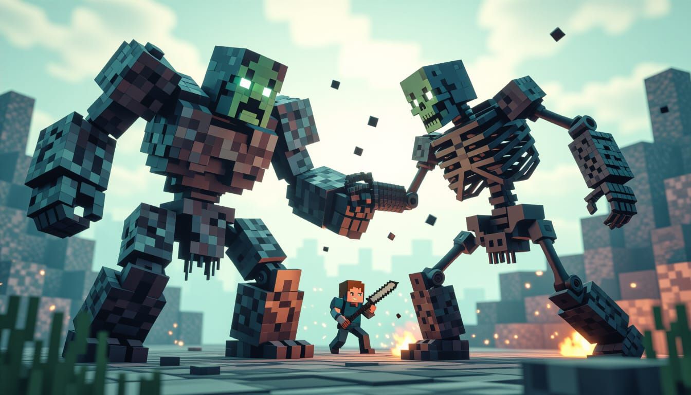 Minecraft Golem Battles Mutant Skeleton: 8-bit Dark Fantasy