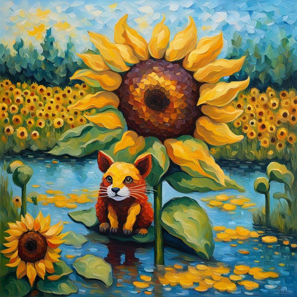 Sunflower Animals Overlooking Pond in Expressionist Oil Pain...