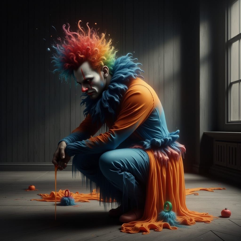 Hyperrealistic Party Clown in Moody Dance Studio