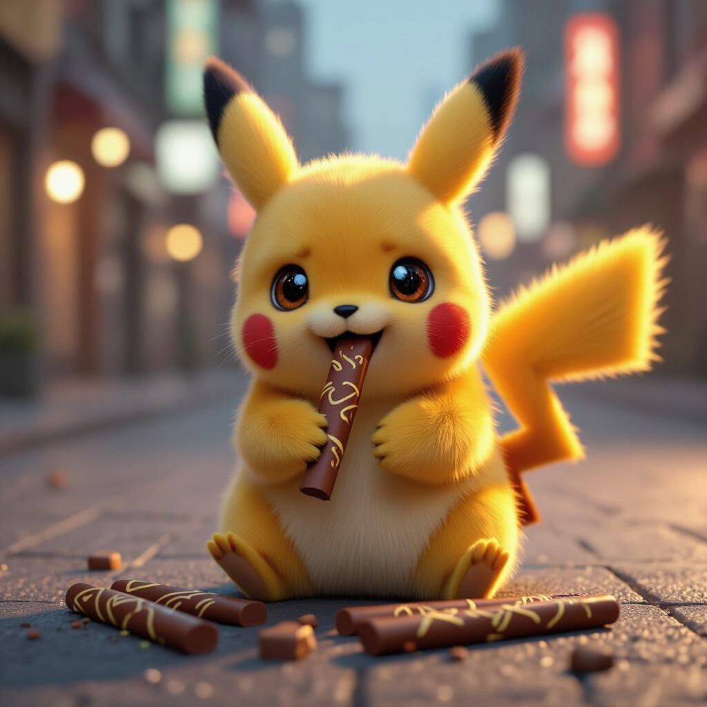 Adorable Pikachu Eating Chocolate Pocky