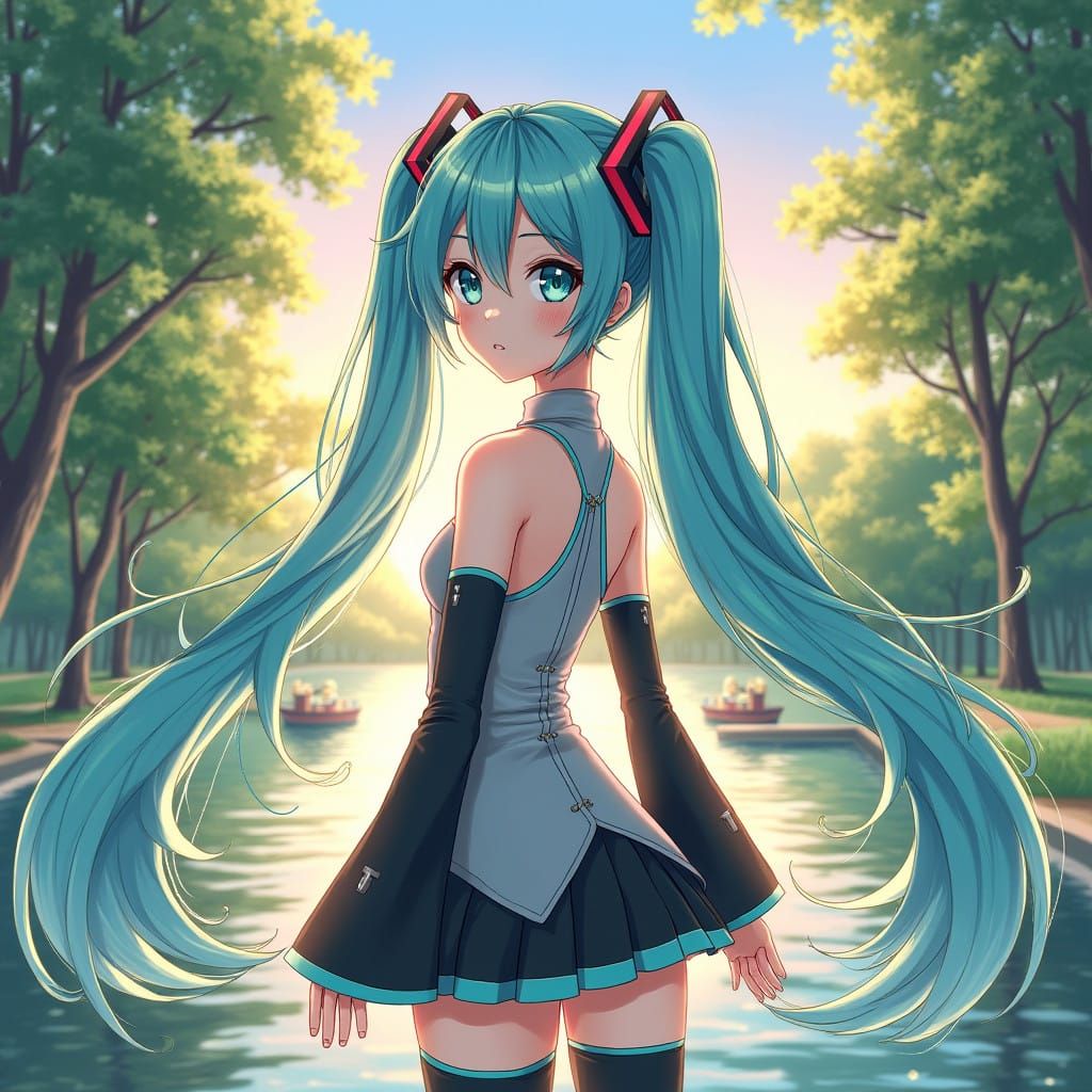 Vibrant Virtual Singer in Serene Park Landscape