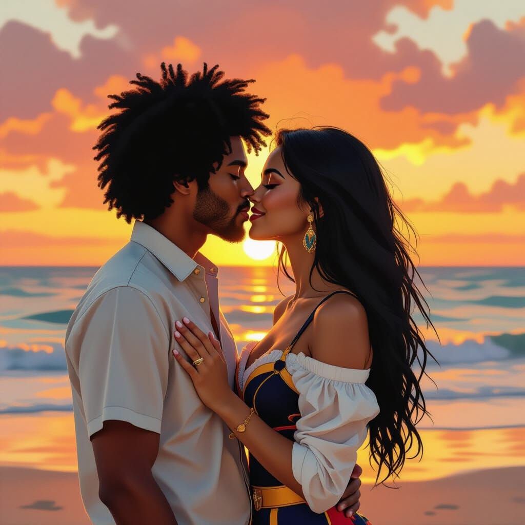 Couple Kissing on Sunset Beach in Gouache Style