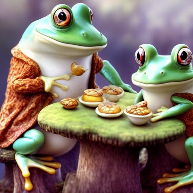 Frogs' Breakfast on Giant Toadstool: Fantasy Art