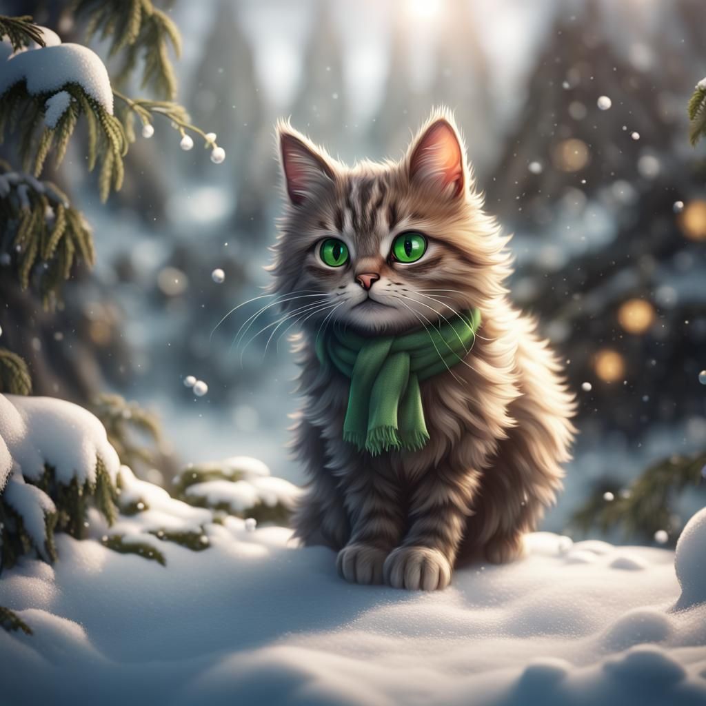 Cute Cat with Green Eyes in Snow