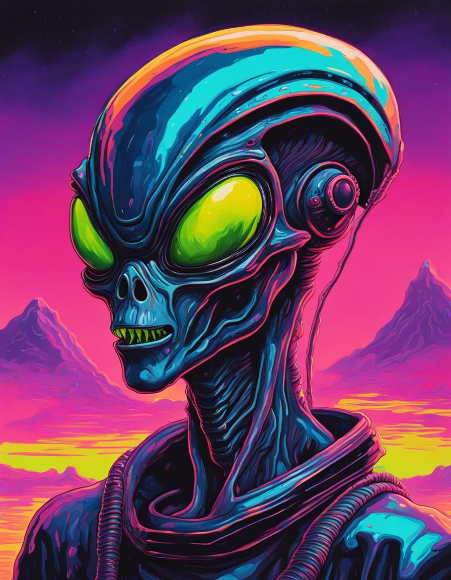 Melting Alien in Retrowave Oil Gouache Style