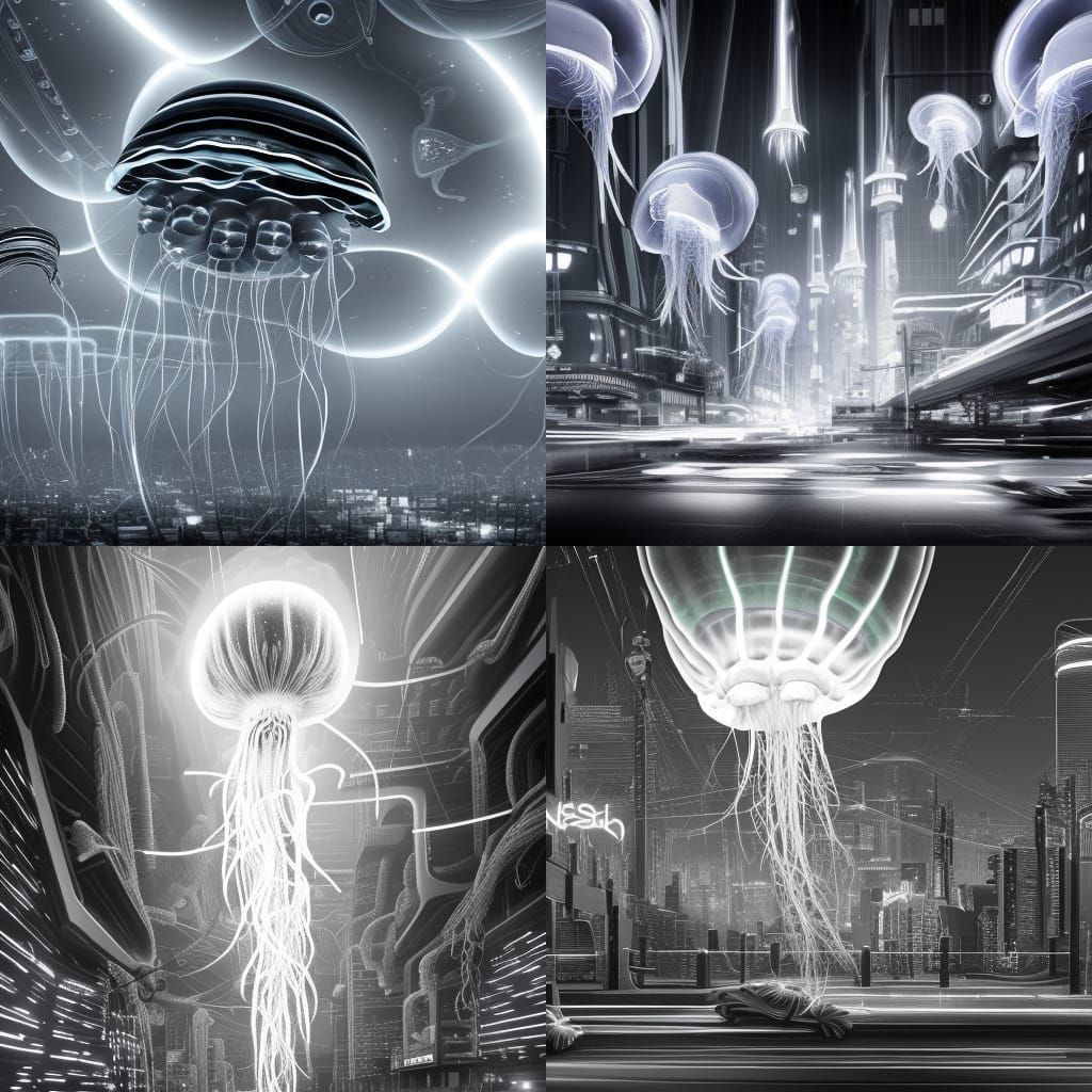 Futuristic City with Neon Jellyfish in Hyperrealism Style