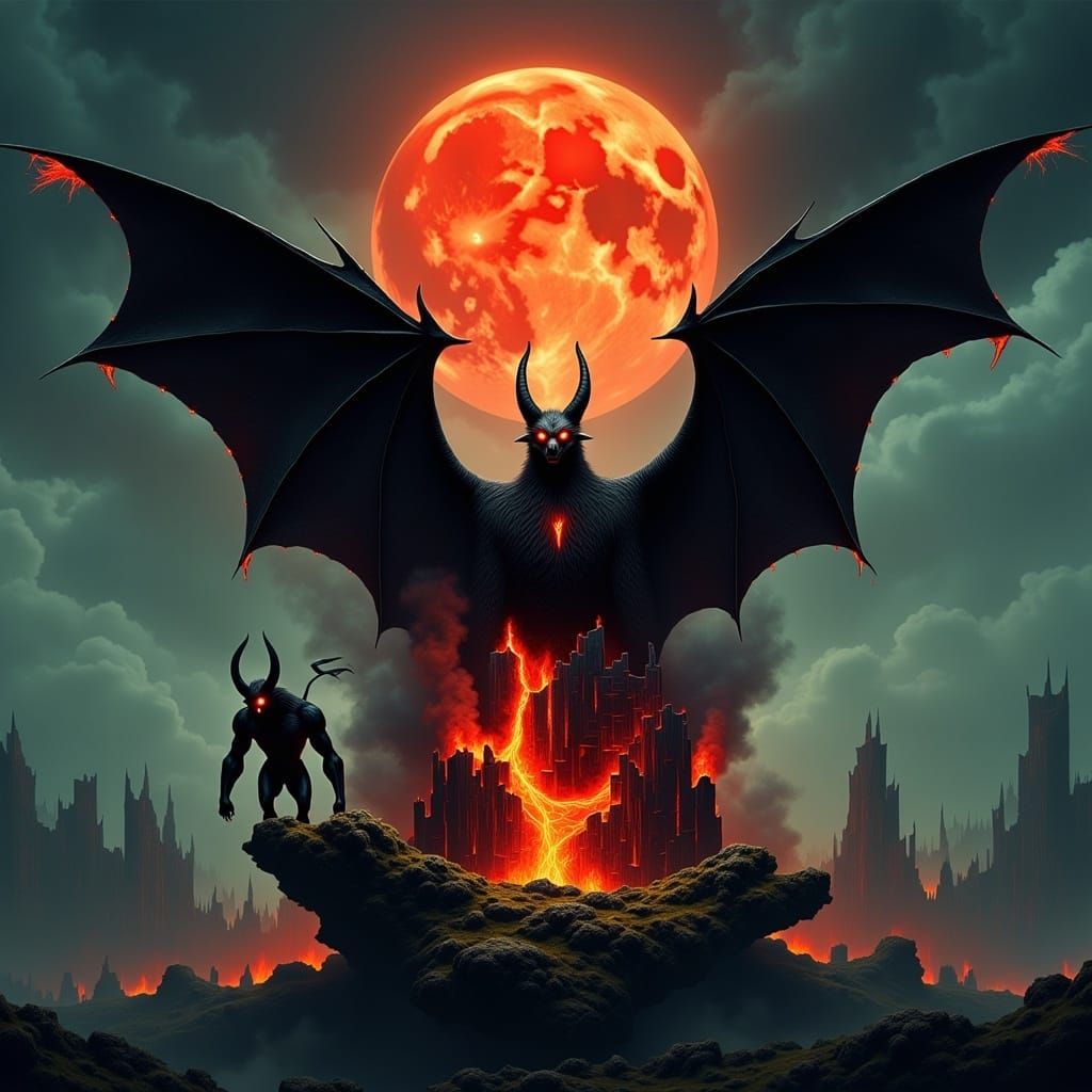 Fiery Bat Silhouette Containing Hellscape