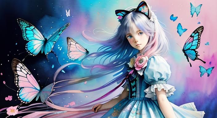 Ragdoll Kitten with Butterflies in Watercolor Style