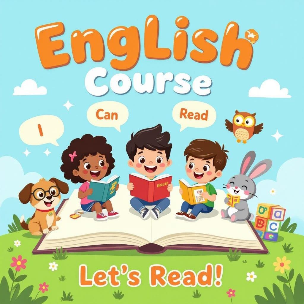 Children's English Learning Poster with Animals and Books