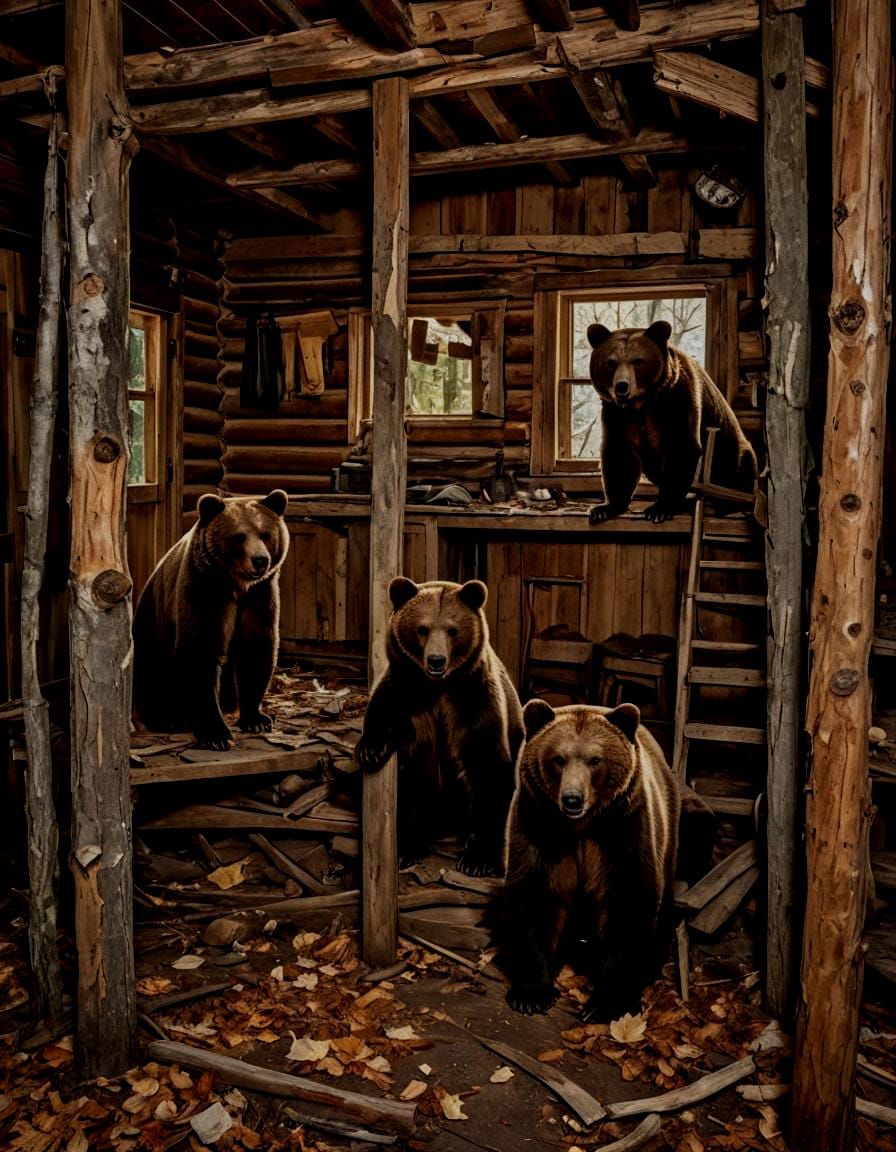 Brown Bears Explore Abandoned Cabin