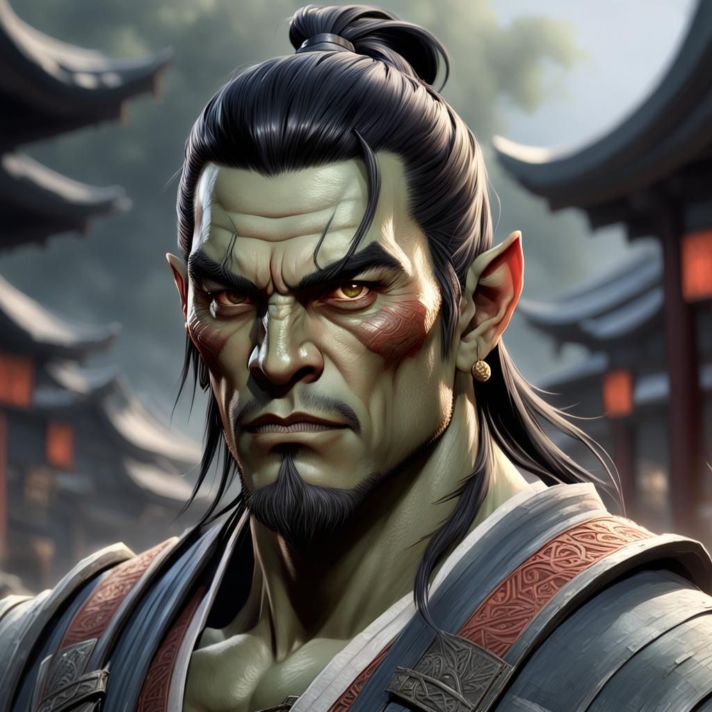 Handsome Half-Orc Samurai Portrait in Digital Art Style
