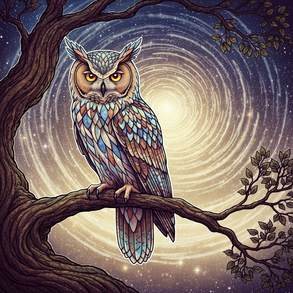 Stained Glass Owl in Cosmic Vortex, Art Nouveau Style