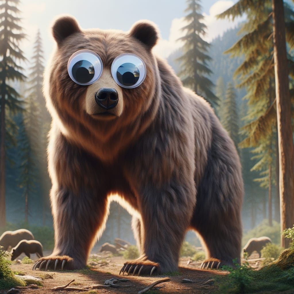 Realistic Bear with Googly Eyes in Forest Setting