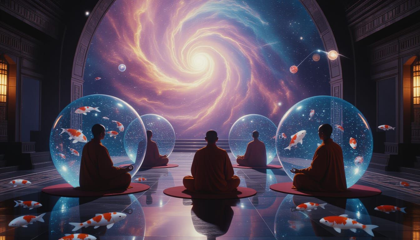 Nebula Monastery: Monks Meditating Among Celestial Koi