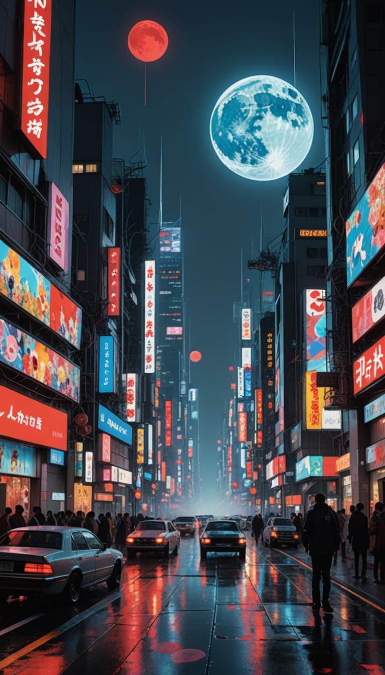 Cyberpunk Cityscape Under Silvery Moonlight