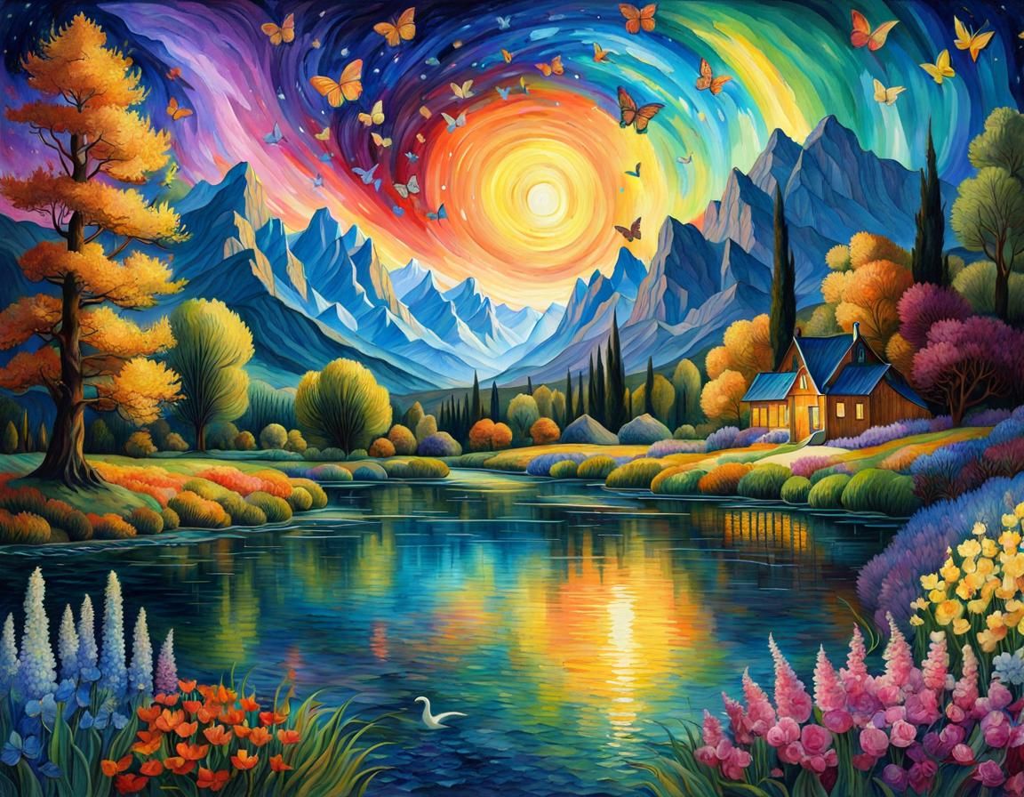 Dreamy Gothic Fantasy Landscape with Watercolors and Rainbow...