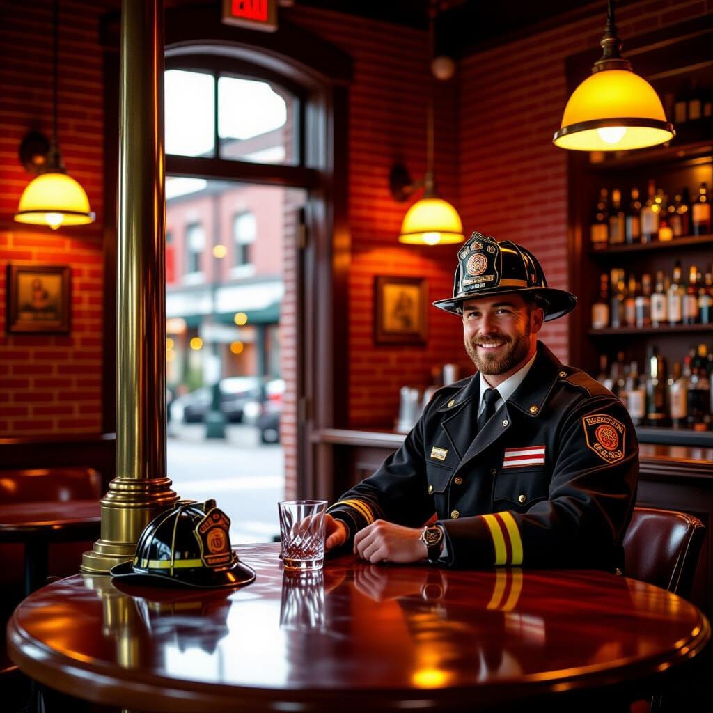 Firehouse Bar Interior With Brass Firepole Table
