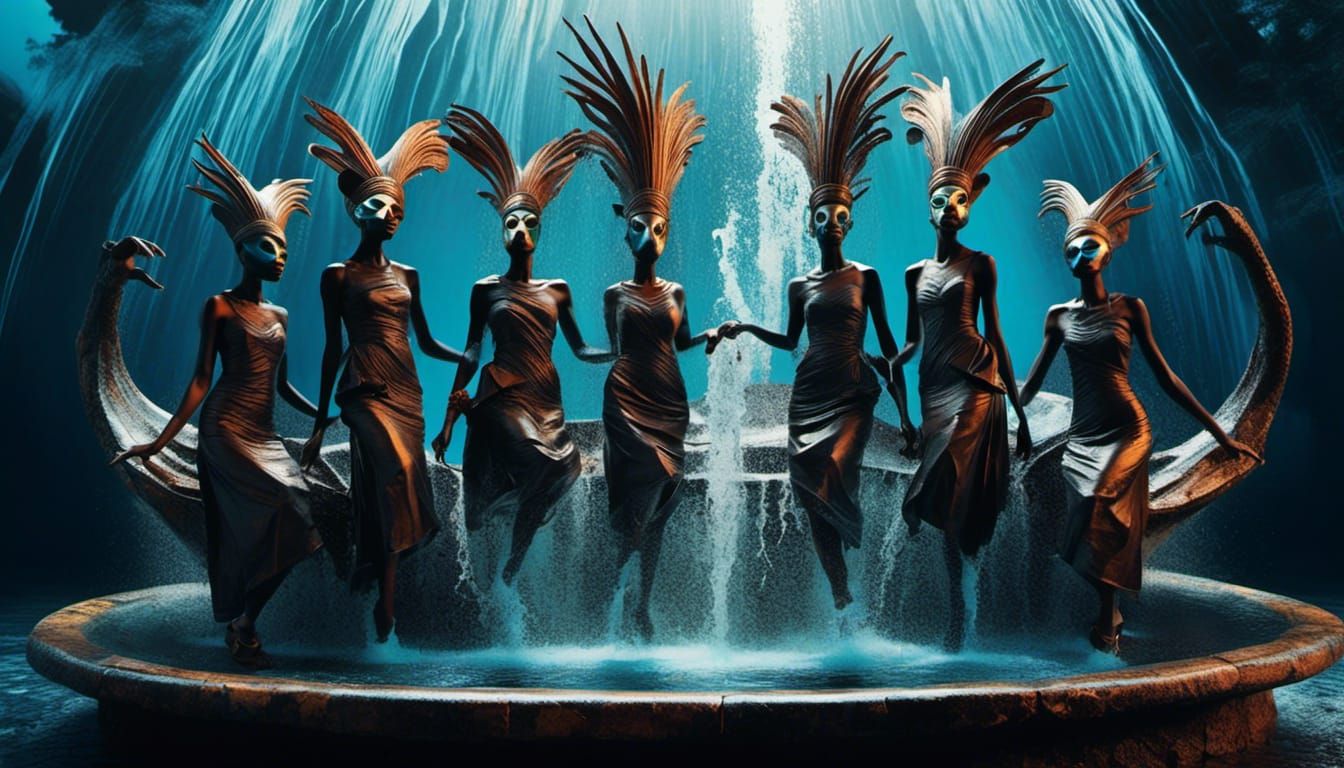 Surreal Fountain of African Women in Crocodile Masks