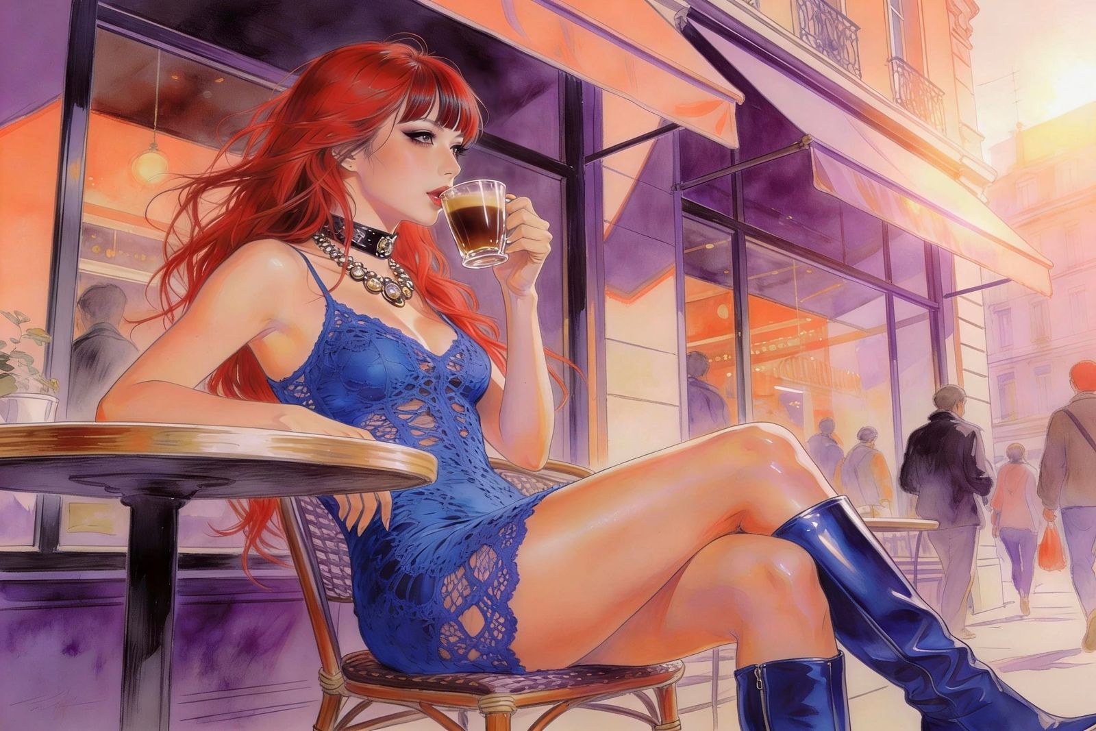 Hyperrealistic Woman in Blue Dress at Cafe