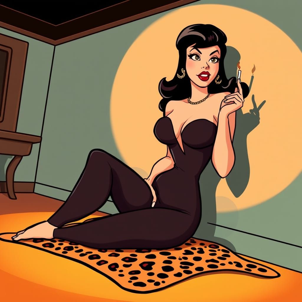 1950s Cartoon Bettie Page Flirting on Leopard Rug