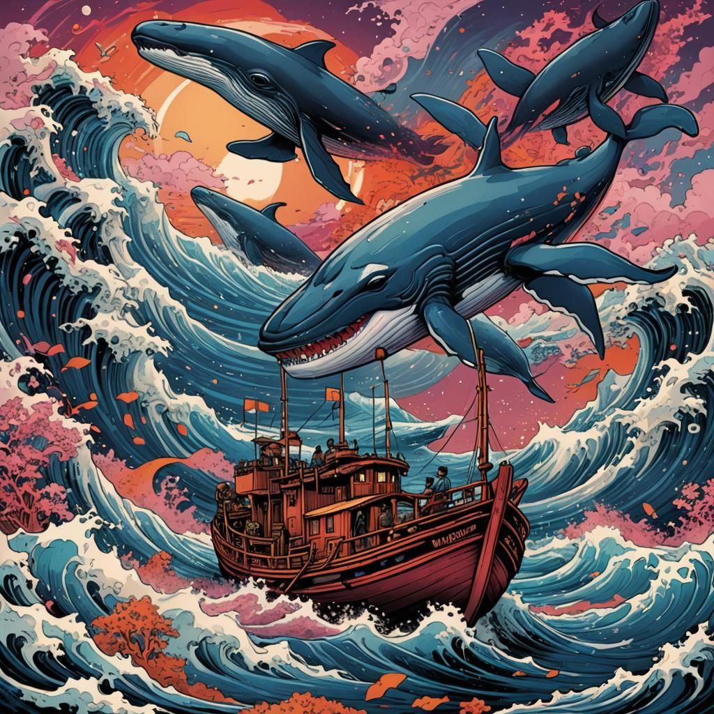 Musical Whale Boat in Tsunami Wave, Comic Art