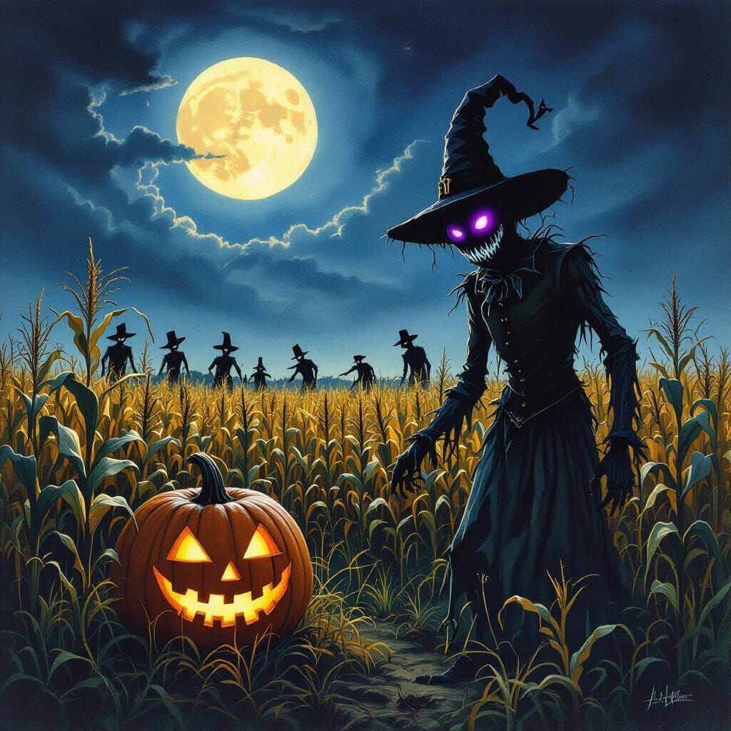 Evil Scarecrows in Moonlit Cornfield Watercolor