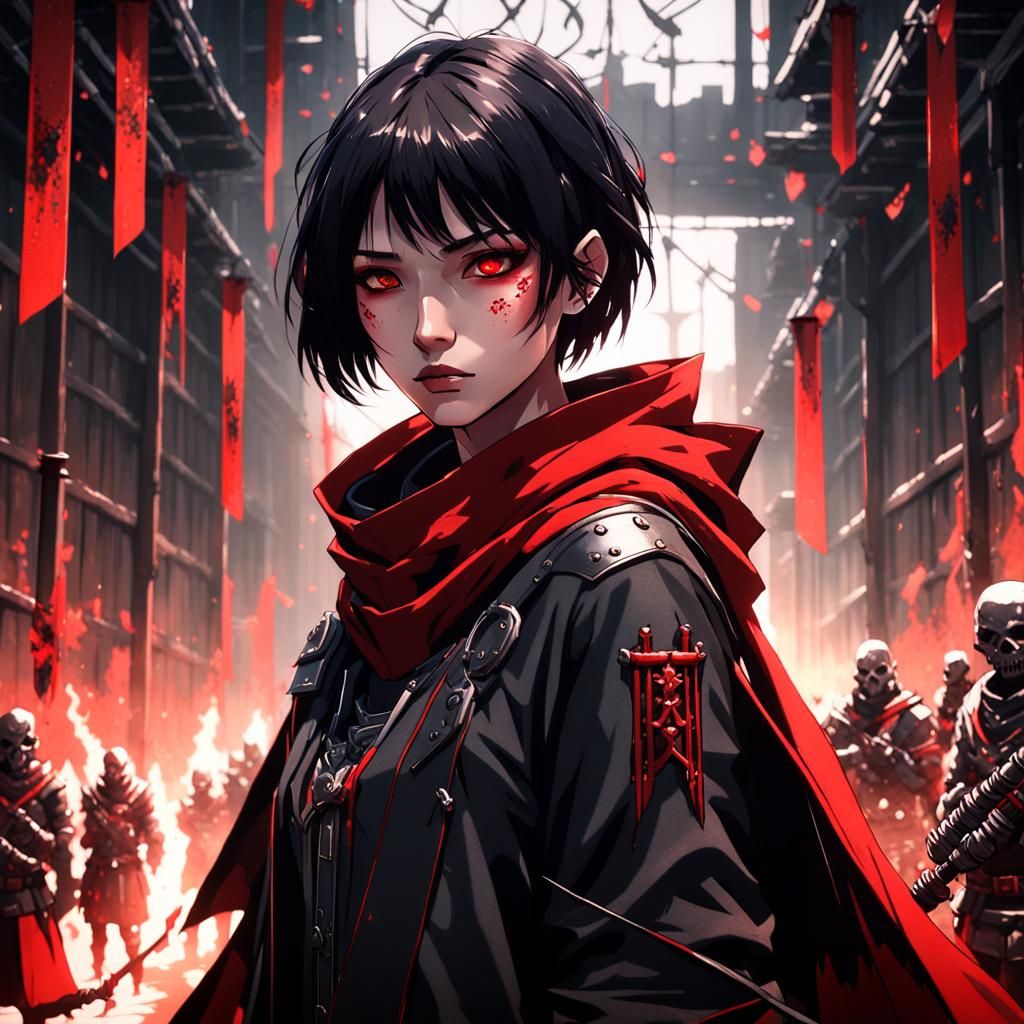 Anime Woman in Armor with Bandits: 3D Render