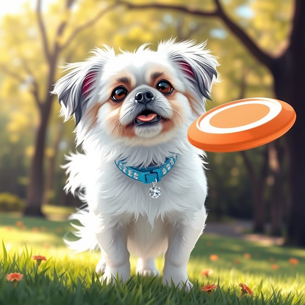 Whimsical Pekinese with Sparkling Diamond Collar Plays with ...