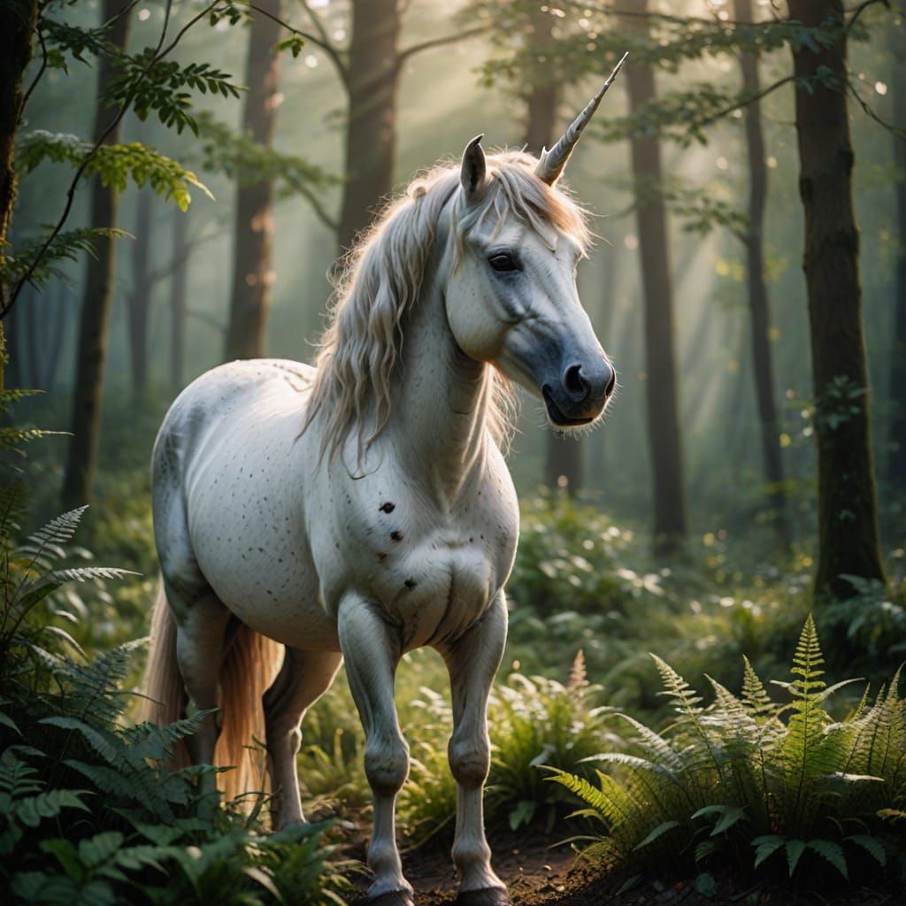 Ethereal Silver Unicorn in Misty Forest