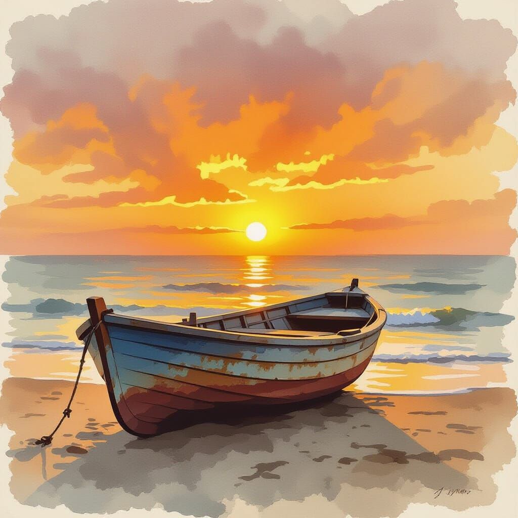 Weathered Boat on Beach at Golden Sunset