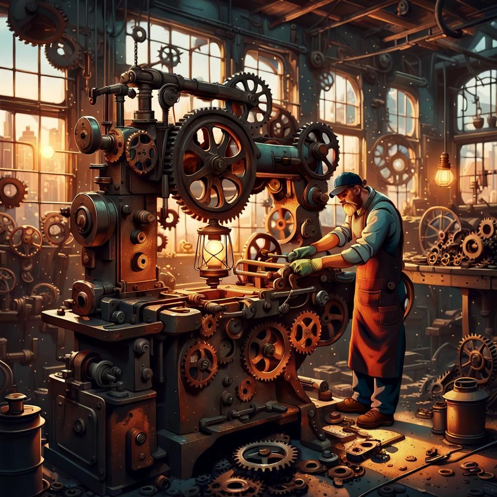 Mechanic Repairs Machine in Industrial Workshop Concept Art