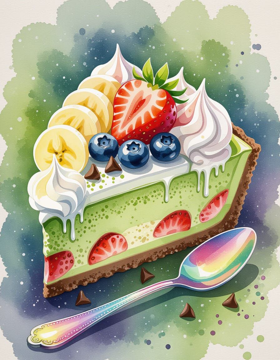 Matcha Cheesecake Slice with Watercolor Splash Art