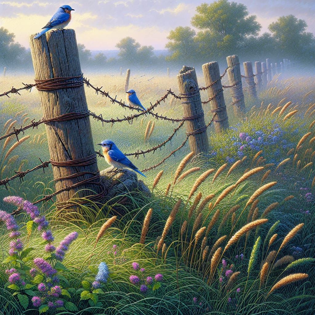 Bluebirds in Misty Field as Wet Oil Painting
