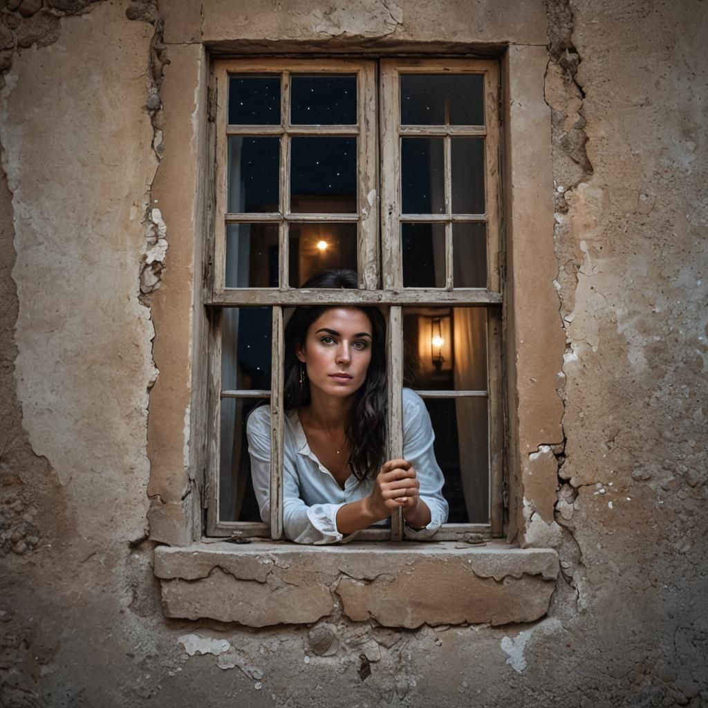Brunette at Window on a Dark Sardinian Night