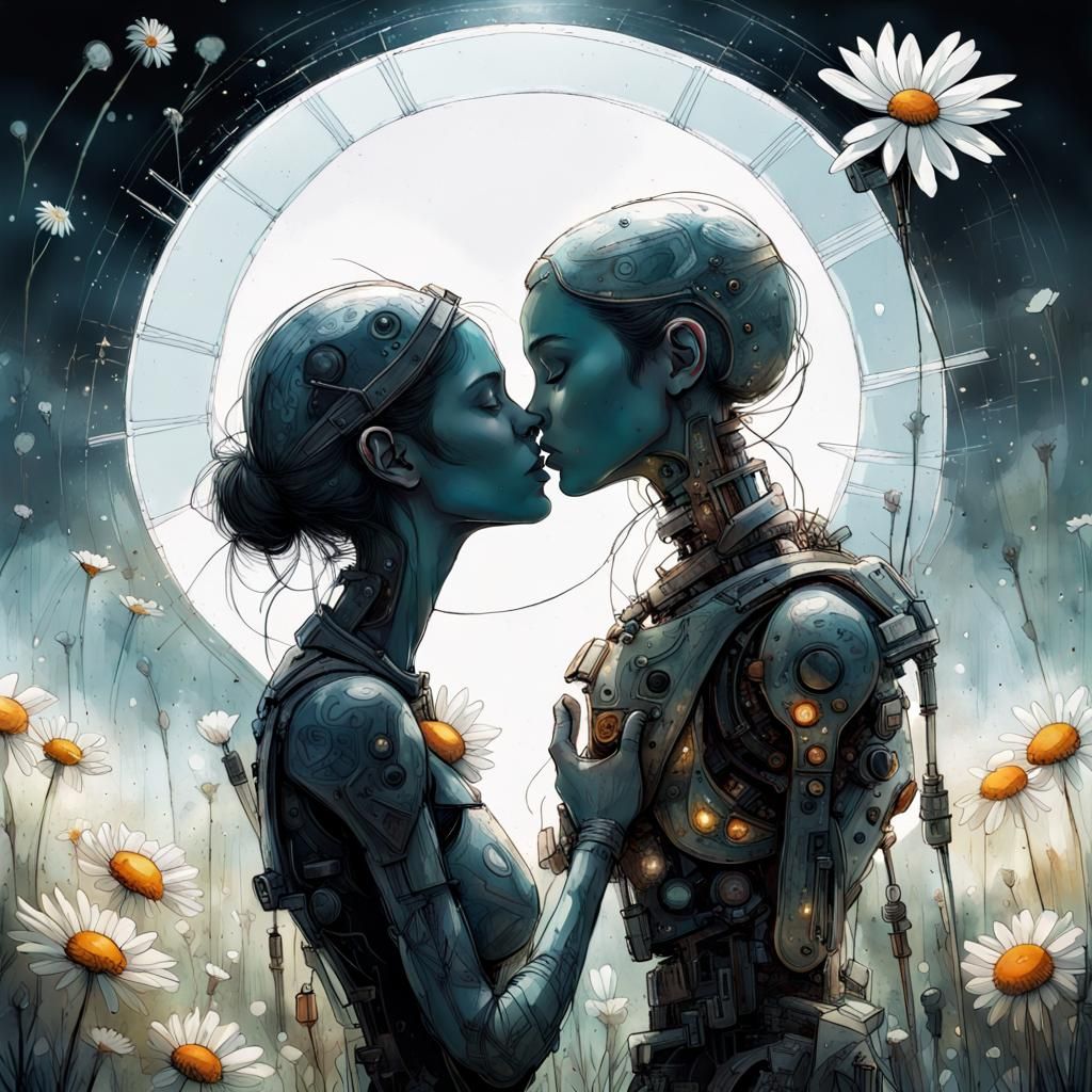Cyborgs Kiss in Daisy Meadow: Detailed Line Art