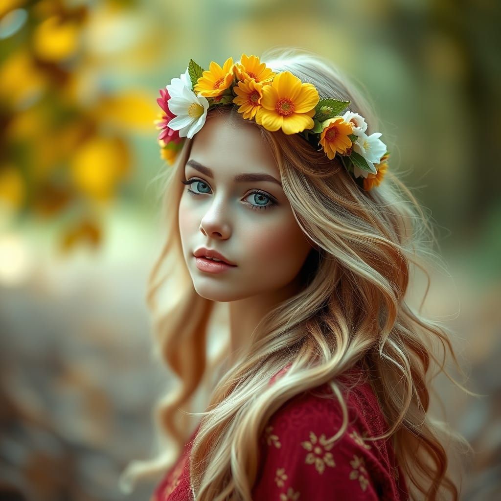 Beautiful Girl with Flower Crown in Autumn Landscape