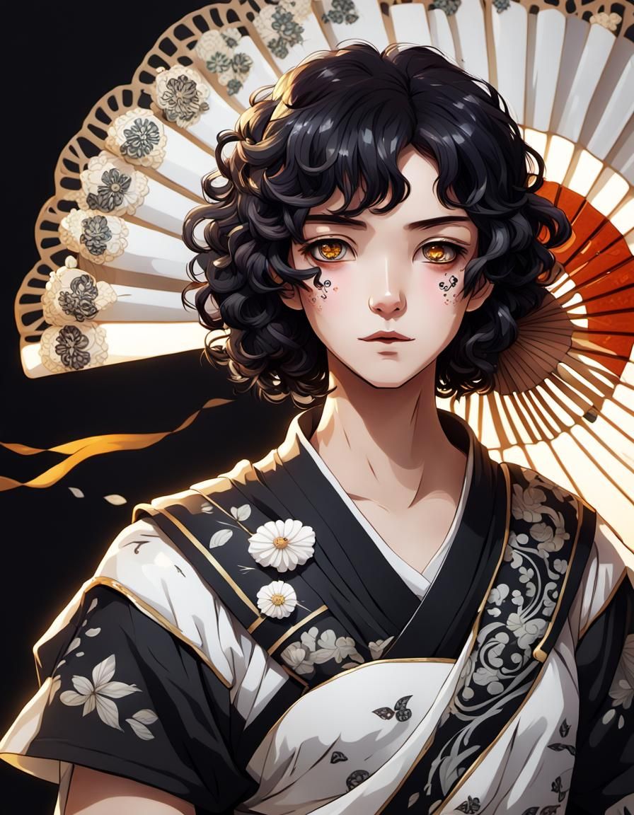 Anime Portrait of Woman with Fan in Cel-Shaded Style