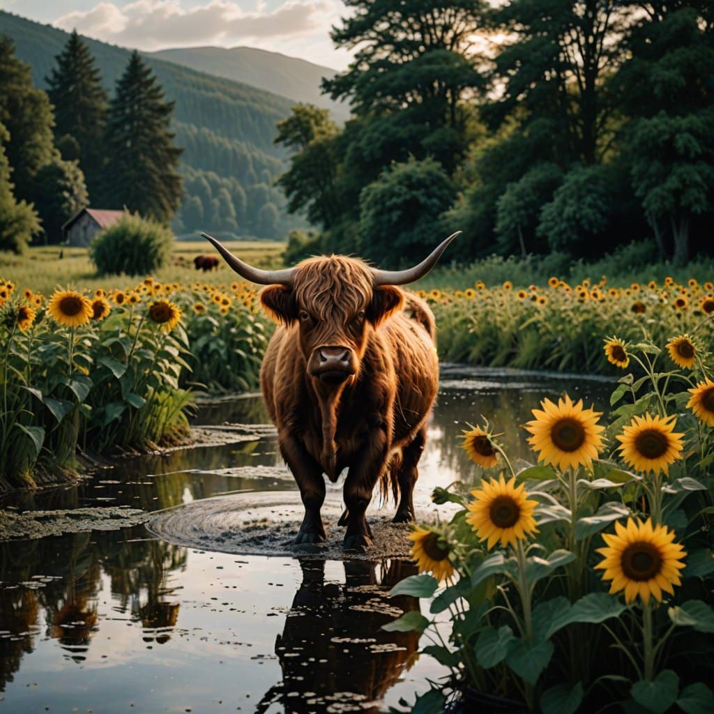 Sunflower Fields with Majestic Highland Cows