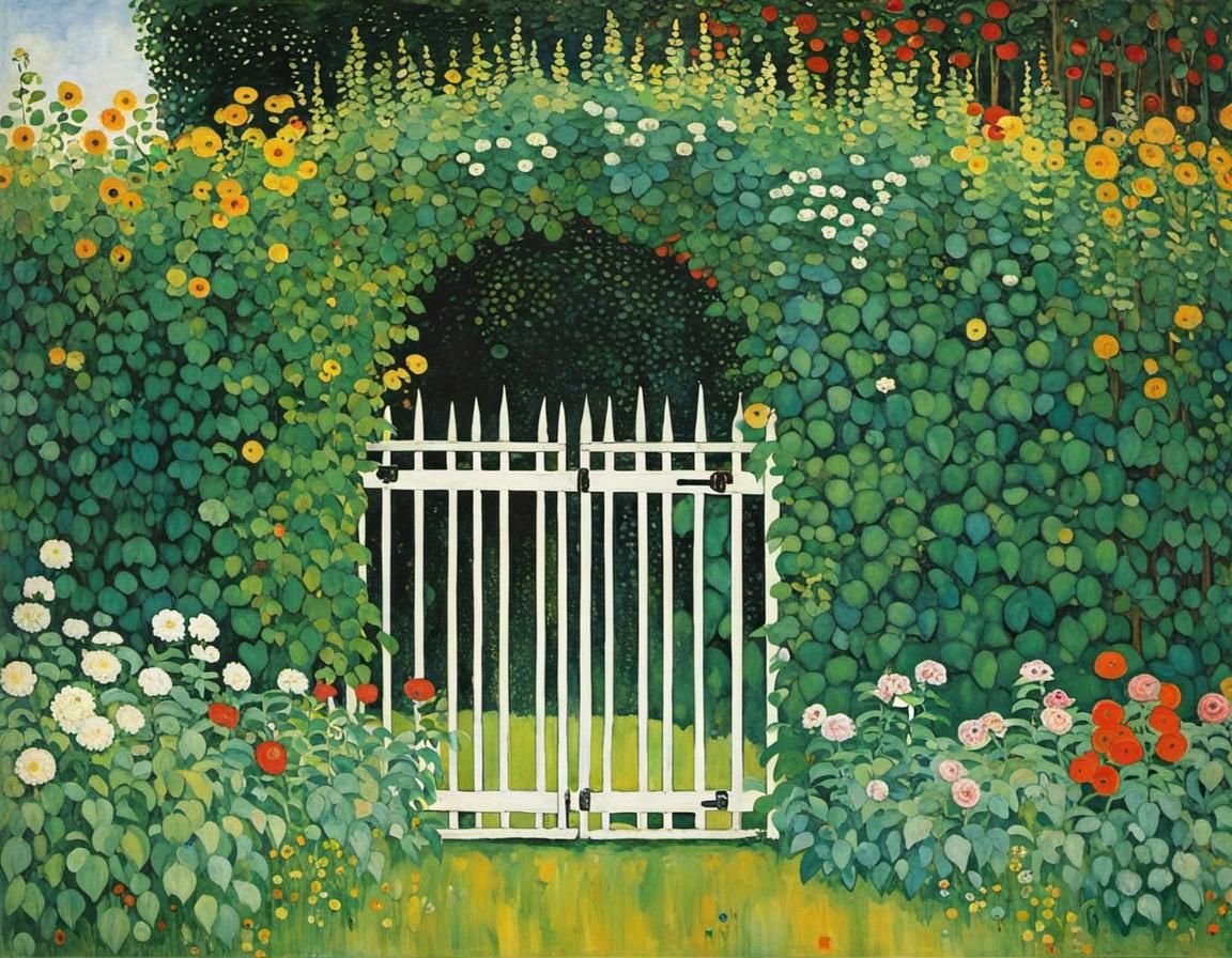 Blooming Garden Through Gate, in Art Nouveau Style