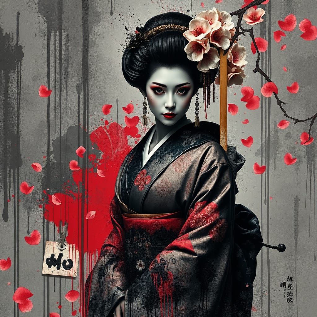 A geisha masked by layers of dark graffiti