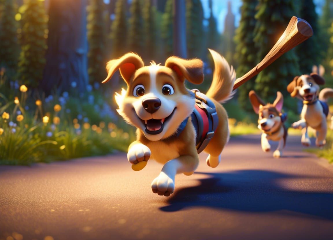 Joyful Anthropomorphic Dog in Animated Fairytale Scene