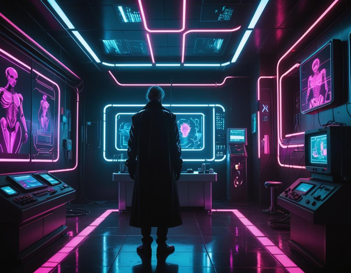 Dystopian Doctor in Neon-Lit Cyberpunk Clinic