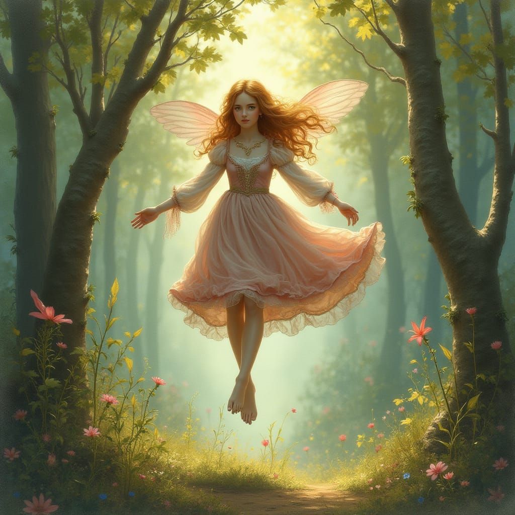 Enchanted Fairy Flying Over Forest Home