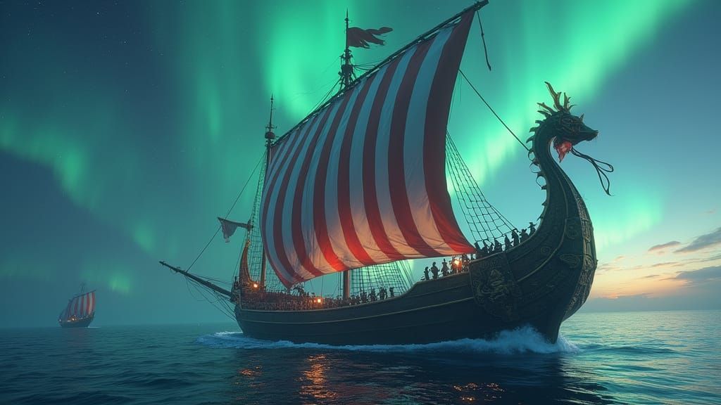Viking Longship Sails Through Cosmic Aurora
