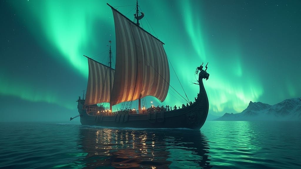 Majestic Viking Longship Sails Through Cosmic Aurora